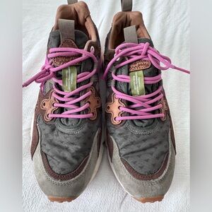 Flower Mountain Army Green and Pink Sneakers with Brown Accents